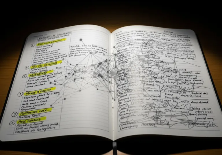 Open journal with a clean “heroic” page beside a messy annotated page under a faint graph shadow, symbolizing memories being A/B tested.