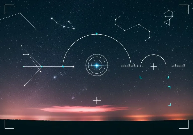 Long-exposure stars with minimalist UI marks suggesting a candidate planet, soft pink atmosphere.