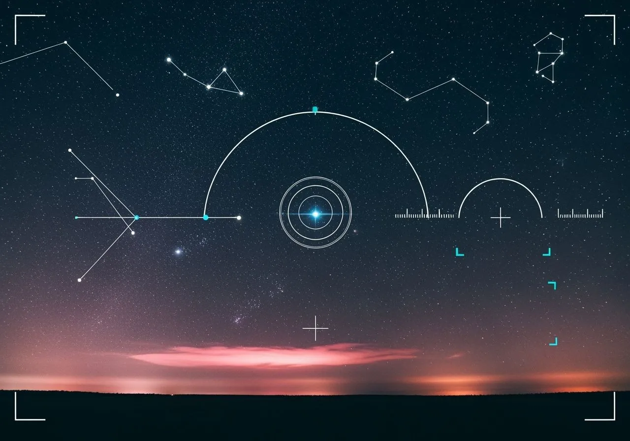 Long-exposure stars with minimalist UI marks suggesting a candidate planet, soft pink atmosphere.