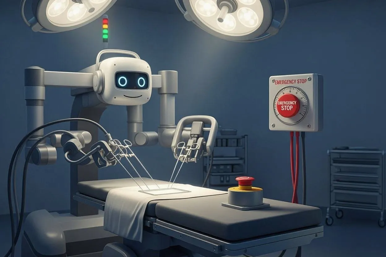 Surgical robot in a calm operating room with a prominent emergency stop button within easy reach.