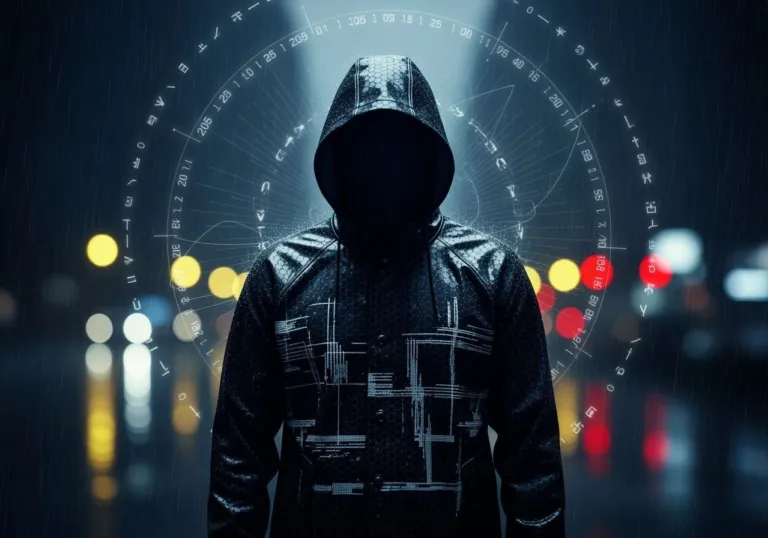 Silhouette in a raincoat with an abstract signal-baffling pattern amid city lights, symbolizing private, unmodeled browsing.