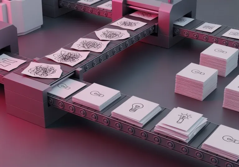 A whimsical factory converts messy ideas on a conveyor belt into clean, identical cards, symbolizing an efficient prompt economy.