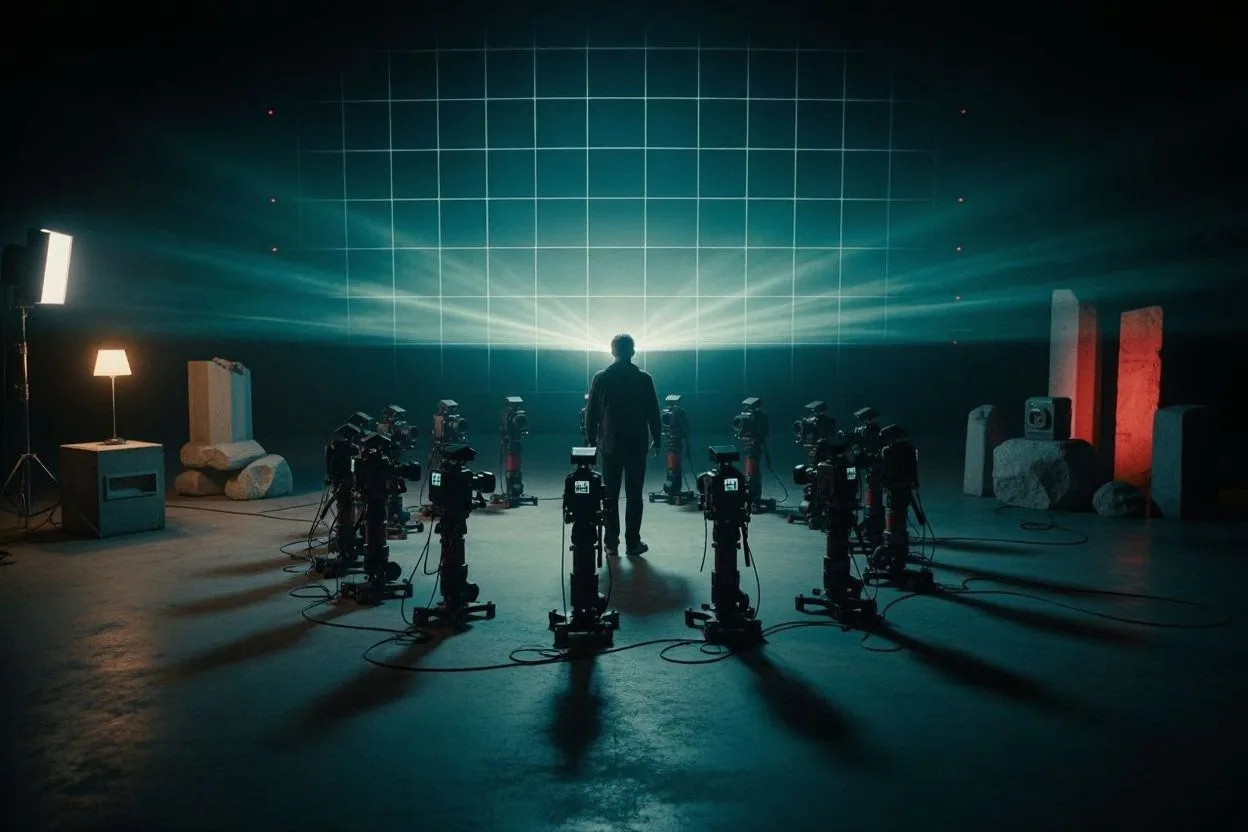 Director on night soundstage, surrounded by identical robotic cameras; grid of look-alike frames fading into the dark.