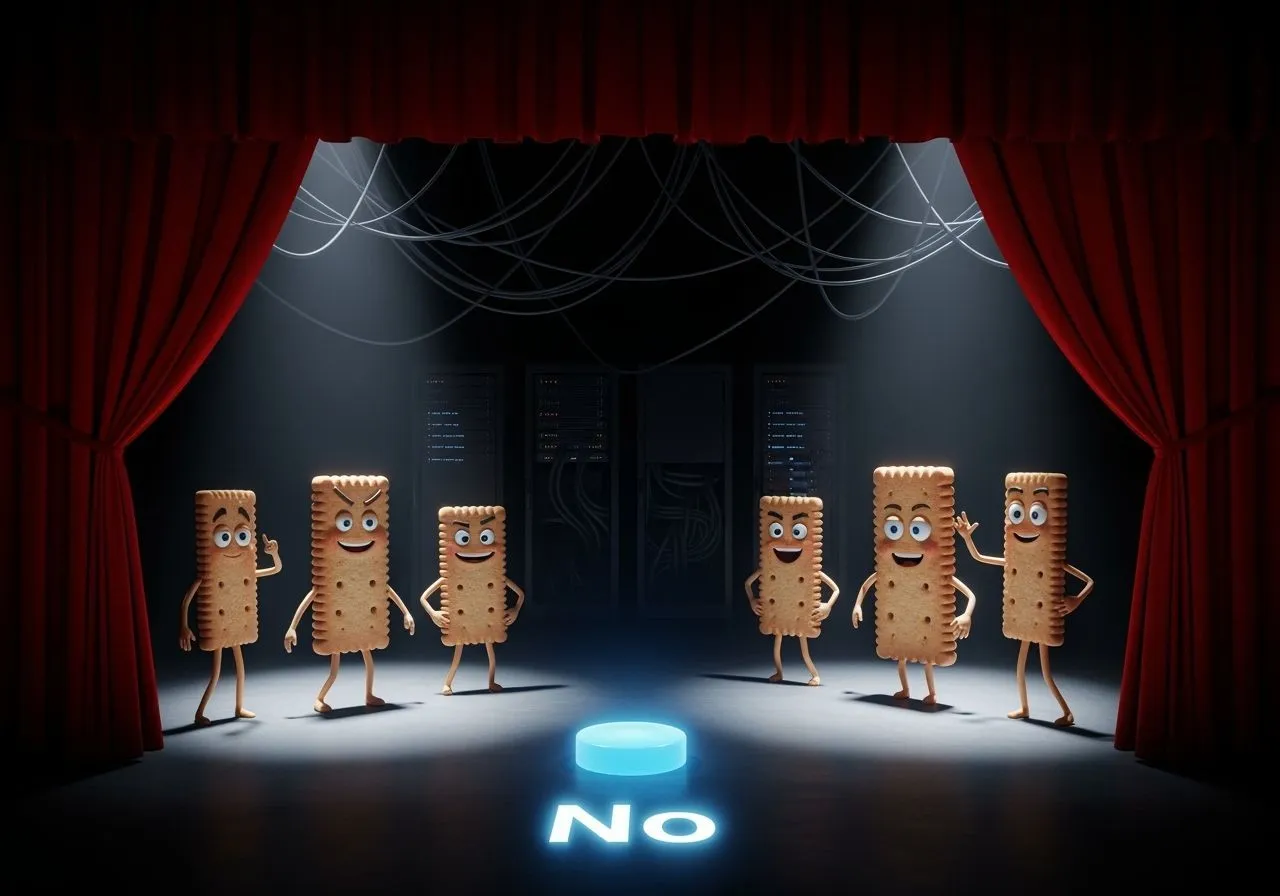 Theatrical cookie banner onstage while hidden cables snake behind the curtain into dark server racks.