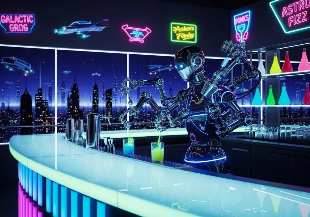 Futuristic Cocktail Bar With Sleek Robot