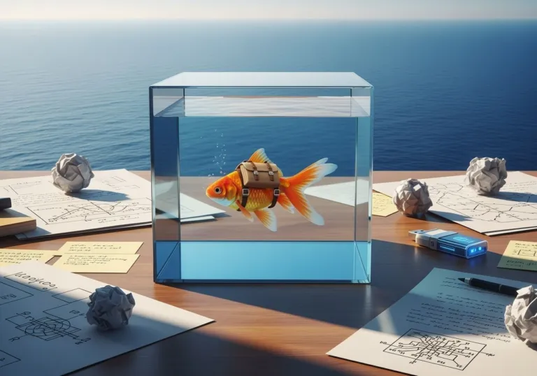Goldfish with a backpack inside a small glass cube on a desk, with an ocean just beyond—symbolizing a limited context window vs. real memory.