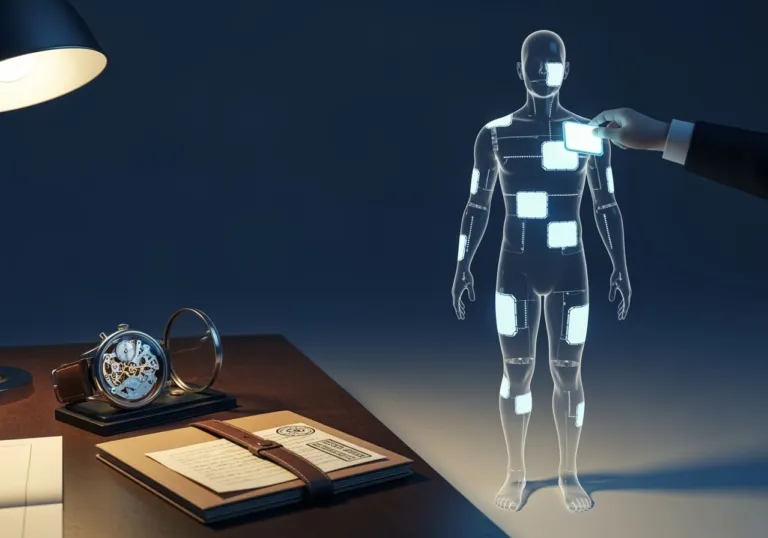 A minimalist translucent human silhouette with glowing patch seams beside a desk with a watch and folder—symbolizing personal changelogs and weekly updates.
