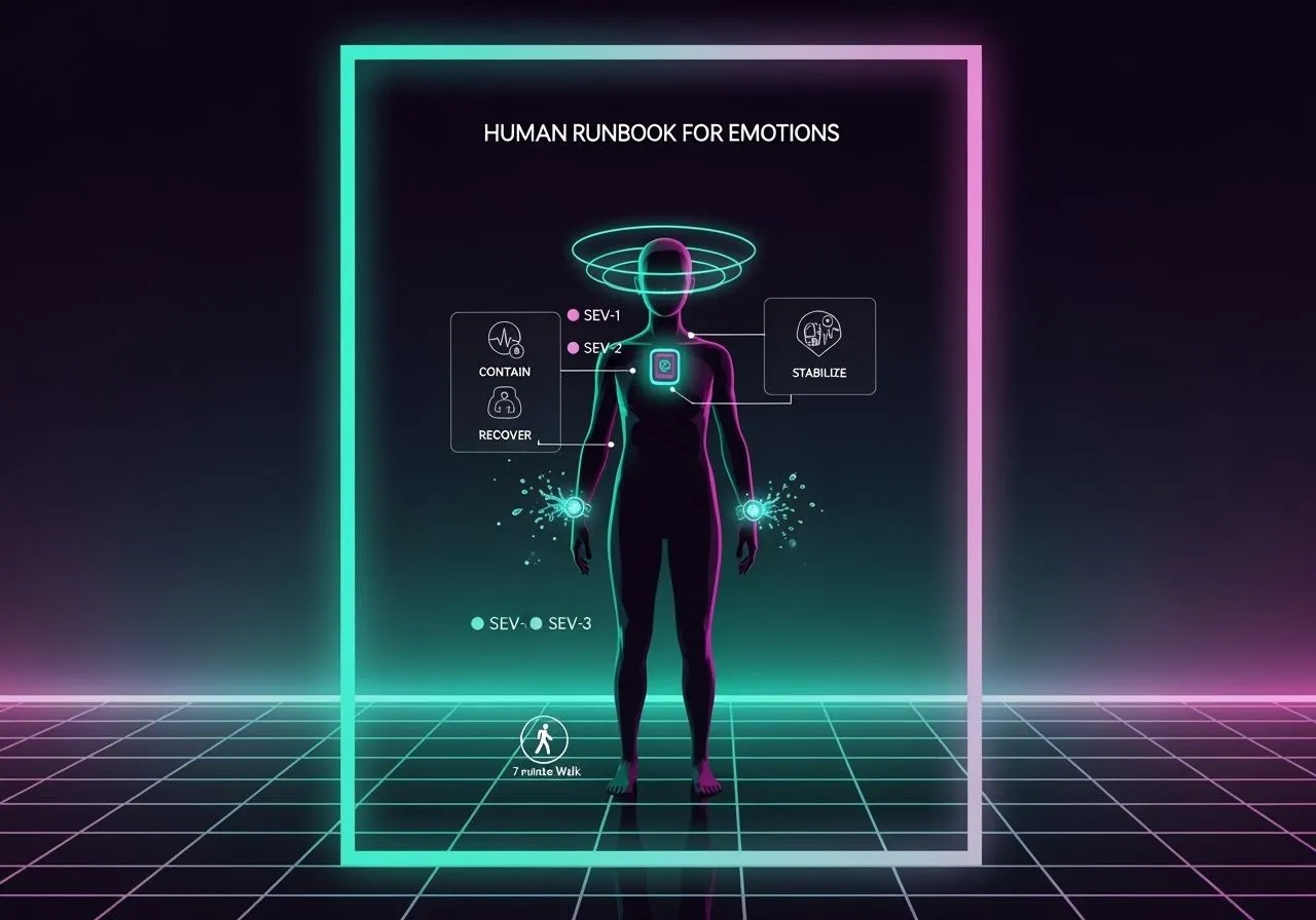 Ops-style poster: calm figure with a glowing shield and SEV status lights; HUD panels for Contain, Stabilize, Recover.