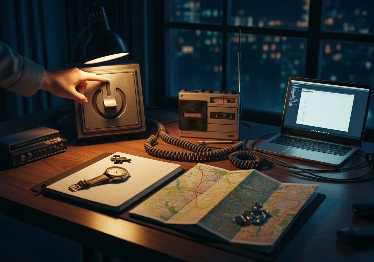 A dimly lit desk as a hand flips a vintage power switch; notebook, offline map, and small laptop suggest a calm, unplugged work ritual.