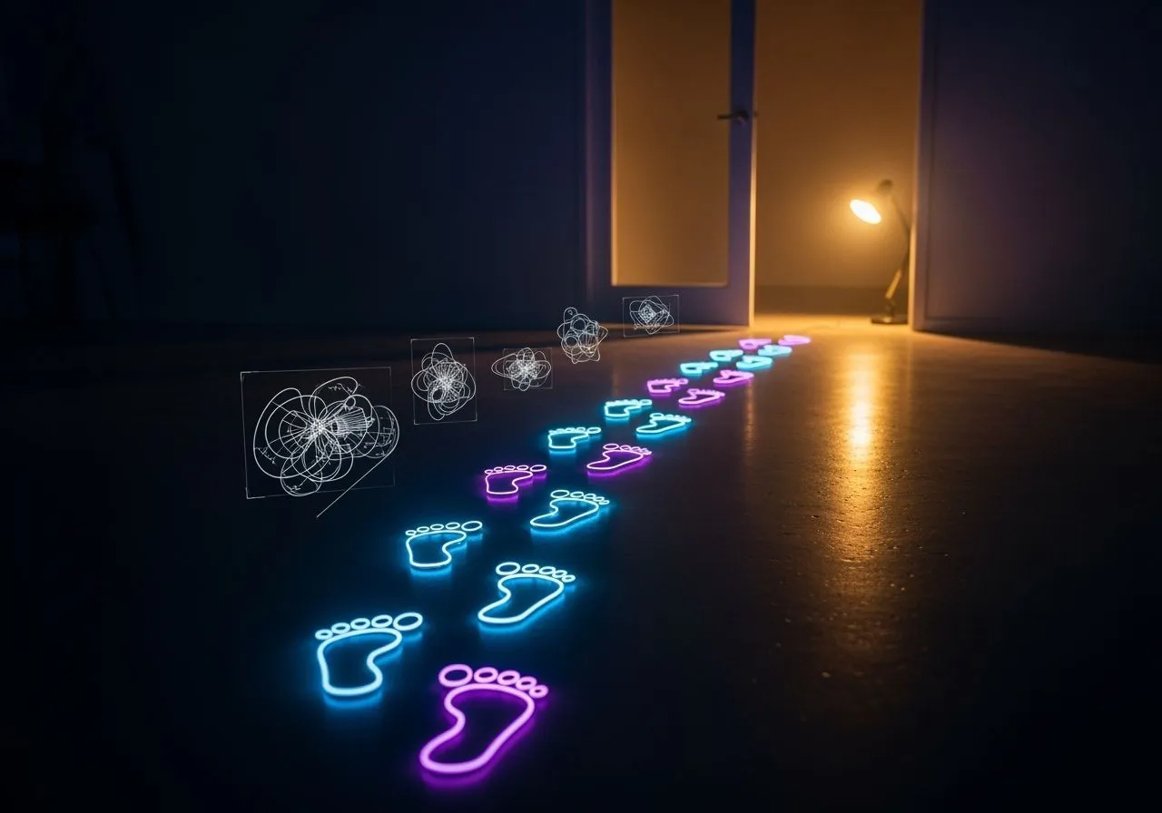 Model Drift Neon Footprints Lit Hallway