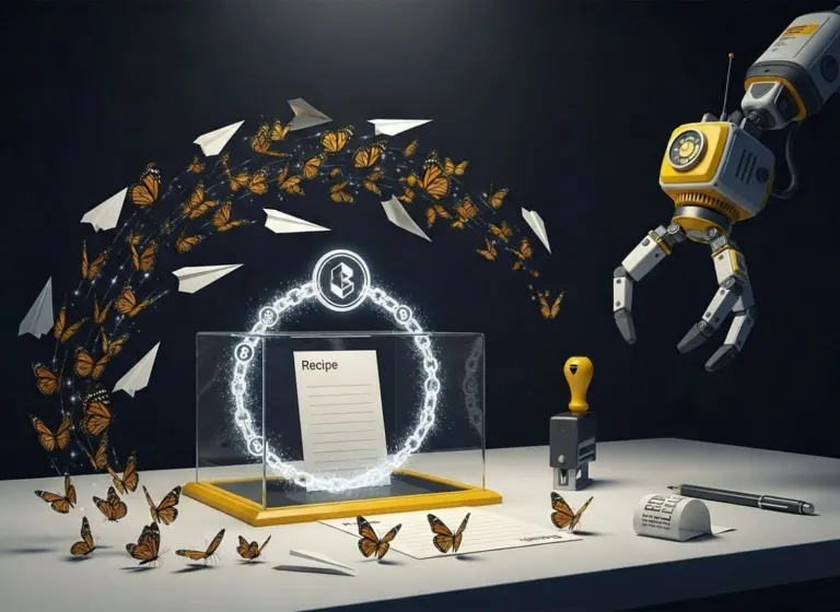 A museum-style case protects a blank recipe card as butterflies turn into paper airplanes; a chain loops around it while a robotic gripper hesitates—symbolizing prompt NFTs and fake scarcity.