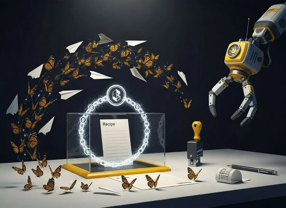 A museum-style case protects a blank recipe card as butterflies turn into paper airplanes; a chain loops around it while a robotic gripper hesitates—symbolizing prompt NFTs and fake scarcity.