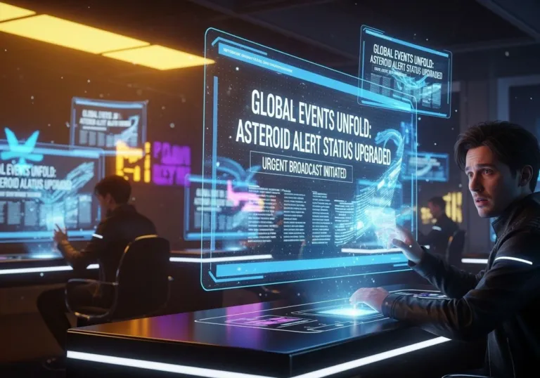Newsroom Scene Glowing Holographic Headlines