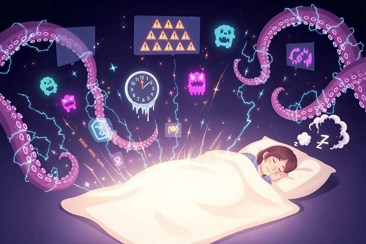 Person Asleep Glowing Blanket While Playful Algorithmic Tentacles