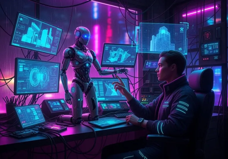 Person Surrounded Multiple Screens Complex Data