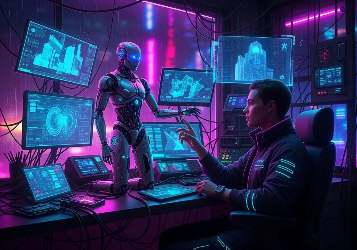 Person Surrounded Multiple Screens Complex Data