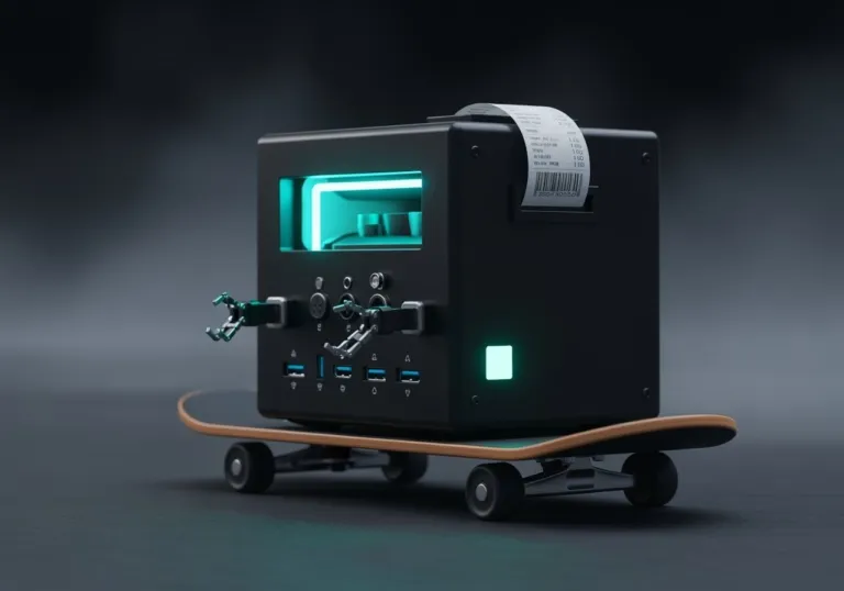 Matte device on a workbench with small tools (label maker, calipers, tape) and a subtle mint glow—symbolizing a practical machine built for proof, not vibes.