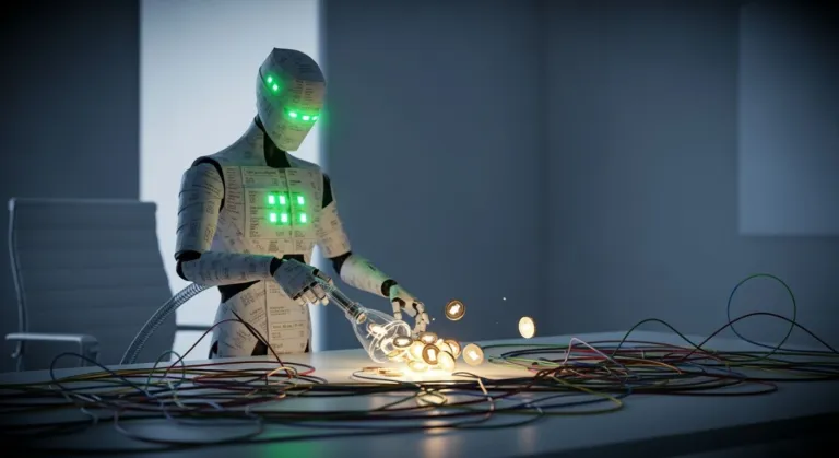 Symbolic ‘debt collector’ made of receipts gently vacuuming glowing tokens from tangled conversation wires on a desk.
