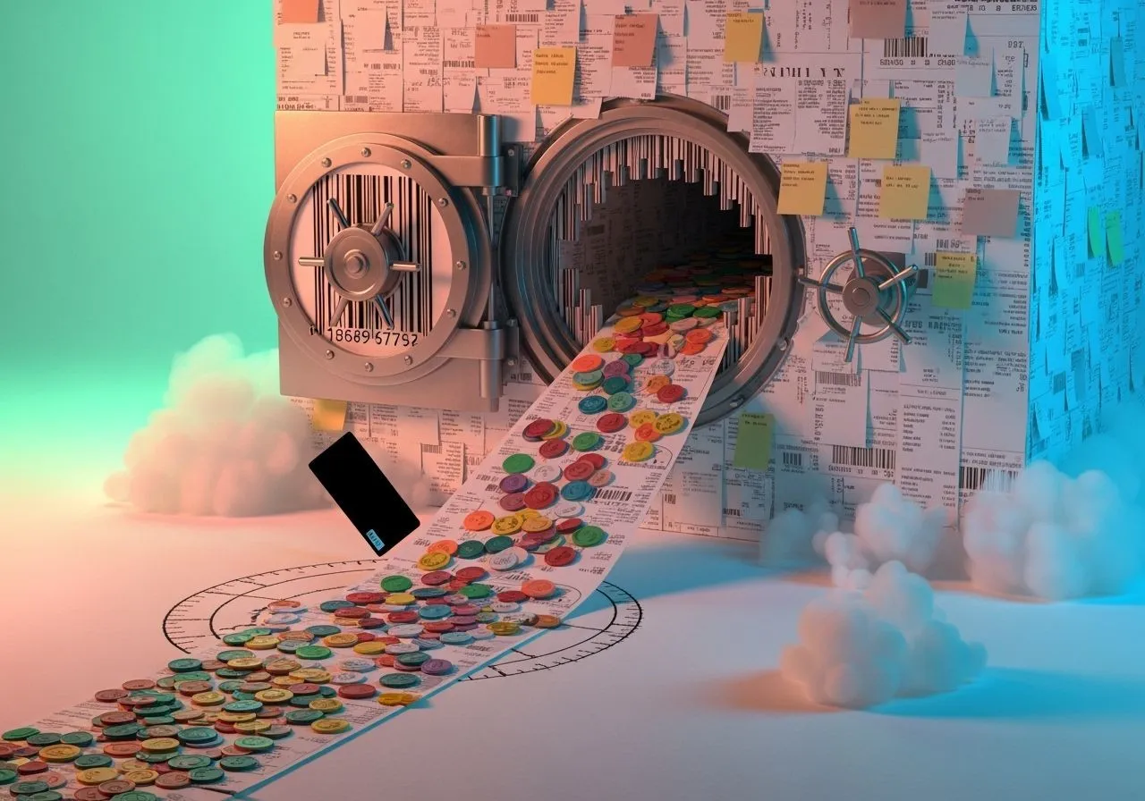 Surreal vault made of layered receipts and sticky notes; a barcode-toothed door spills tokens that spiral like a graph around a black card, mint-lit.
