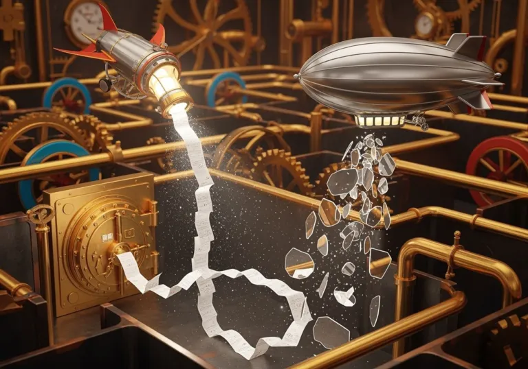 Two floating lanterns guide a maze—one trailing stamped receipts to an open-book vault, the other scattering mirrors—symbolizing source-finding versus surface-level results.