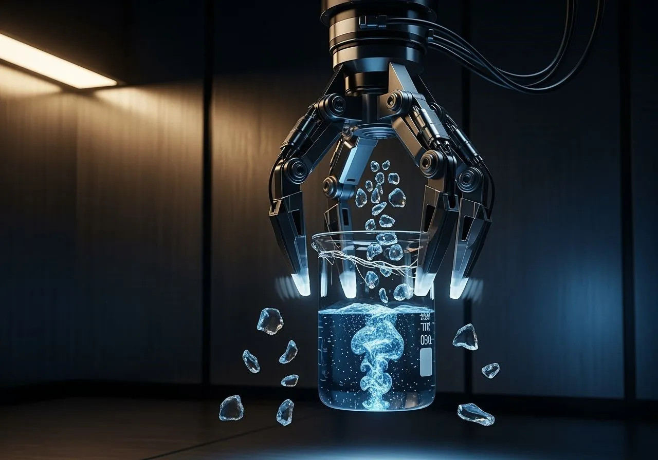 Macro shot of a robot gripper holding a glass beaker; slight motion blur on micro-slip