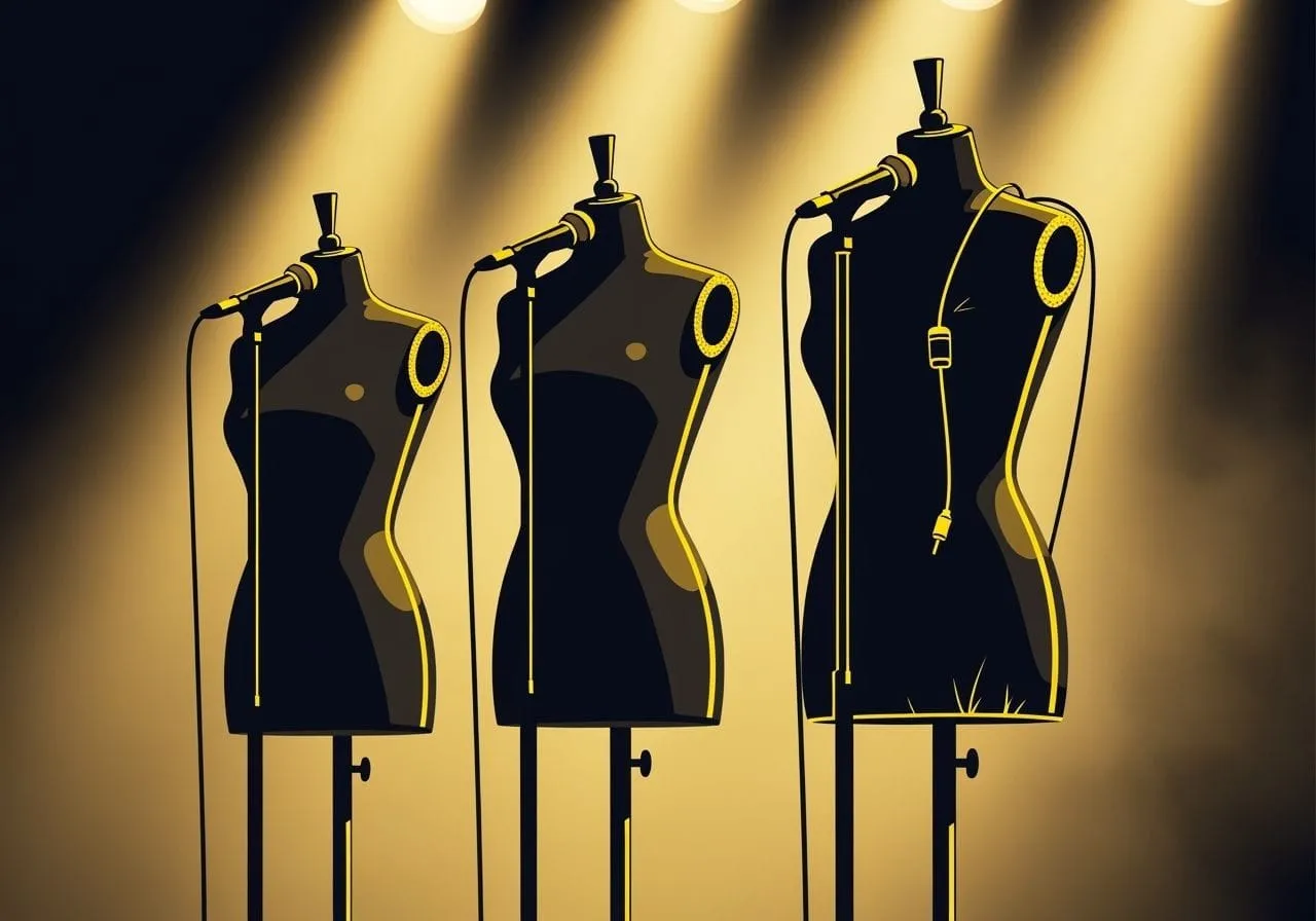 Row Of Fashion Mannequins On Microphone Stands