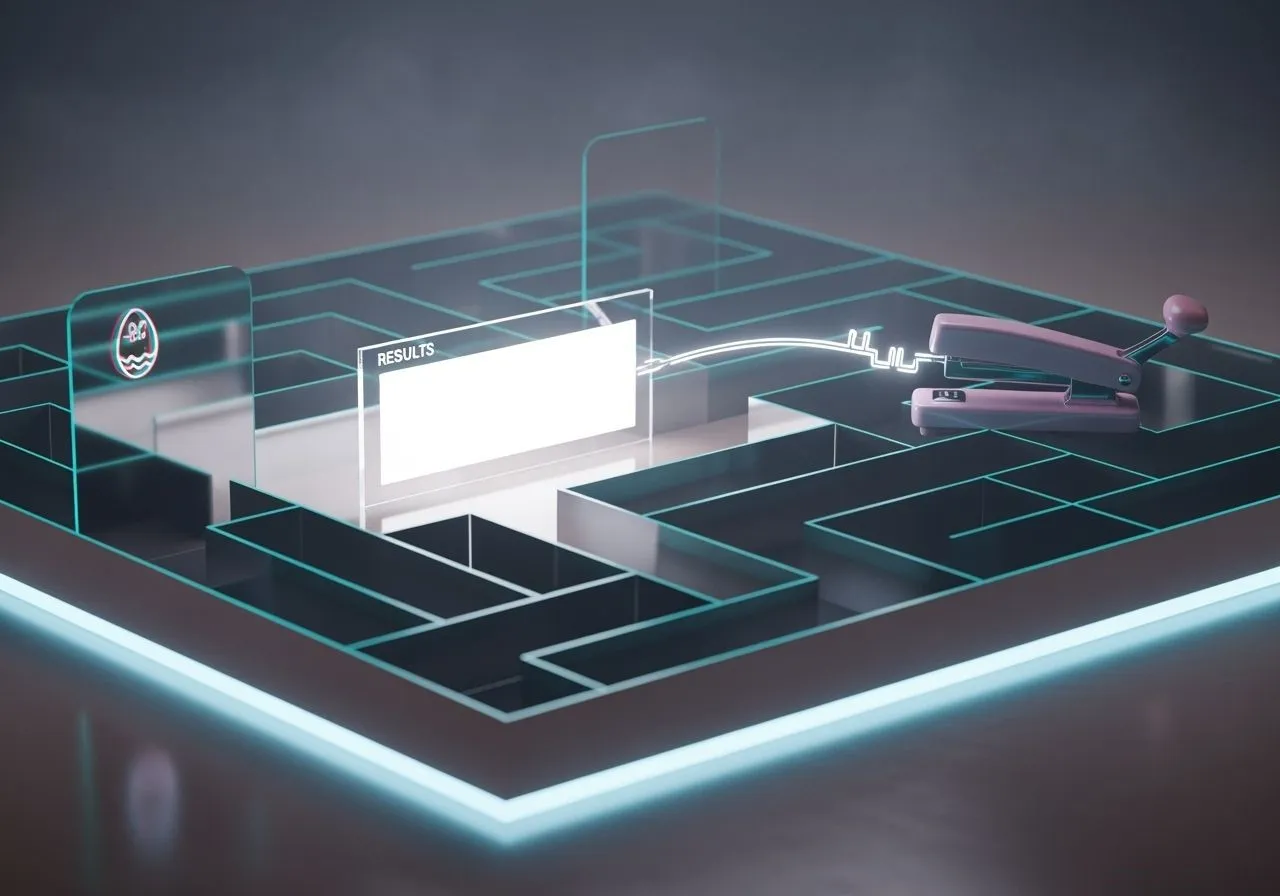 Mirror maze revealing a glowing blank result and a neon “staple” patching the gap—no receipts, no trust.
