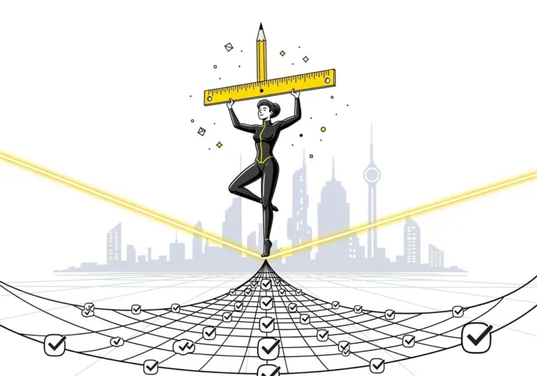 An acrobat balances on a glowing tightrope with a ruler–pencil pole above a net woven from checkmarks, symbolizing intuitive coding secured by tests.