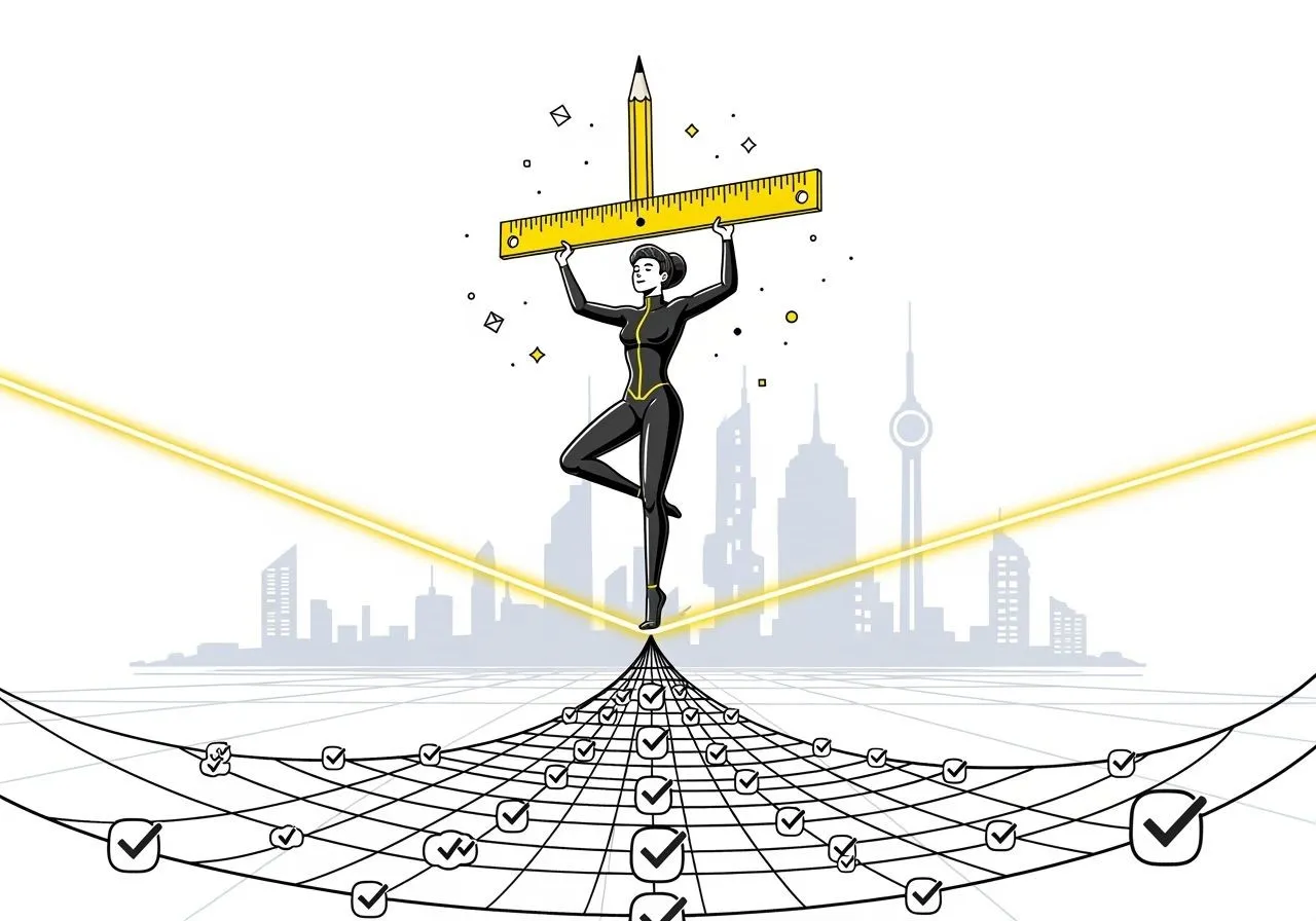 An acrobat balances on a glowing tightrope with a ruler–pencil pole above a net woven from checkmarks, symbolizing intuitive coding secured by tests.