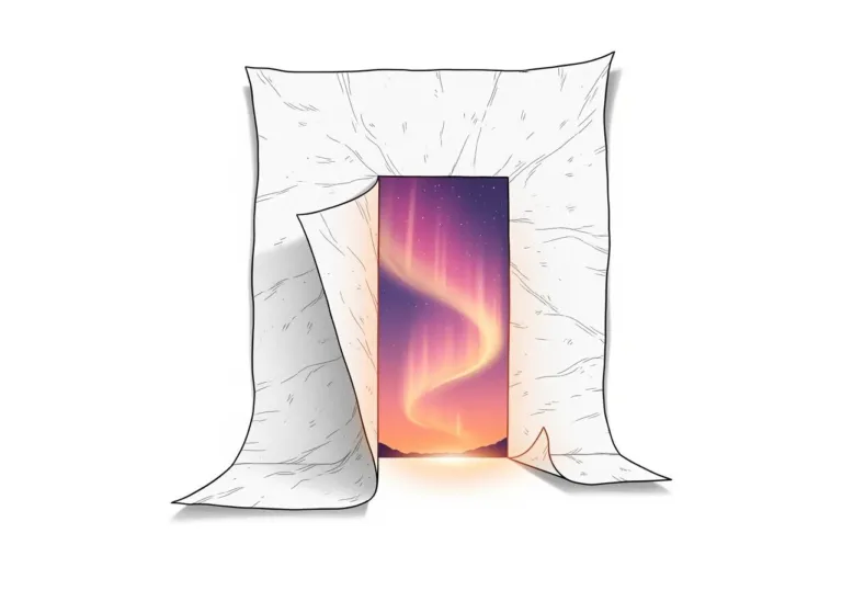 Curled paper forming a doorway with a mint tangerine glowing inside.