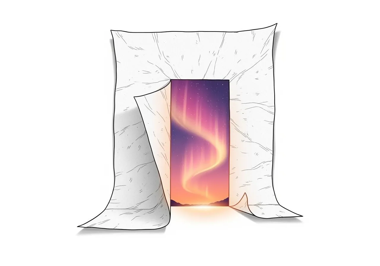 Curled paper forming a doorway with a mint tangerine glowing inside.