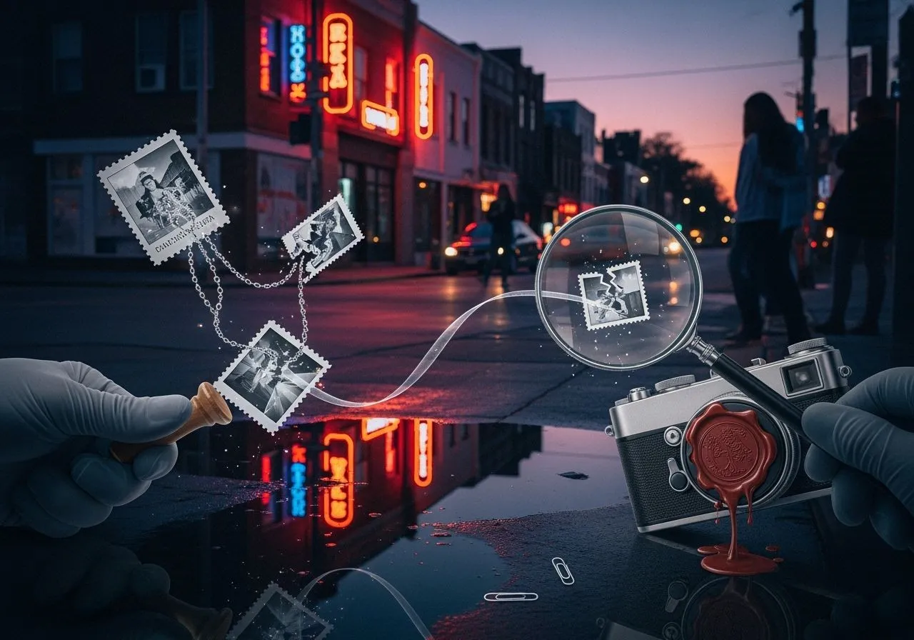 Floating photo-stamps linked by silver threads surround a camera with a melting wax-sealed shutter while a puddle mirrors the scene out of order.