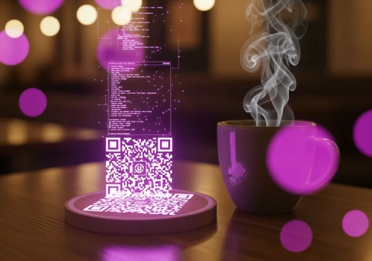 Minimal scene of a QR code used as a coaster on a café table; rising steam from a cup subtly reveals glowing command-like text, hinting at prompt injection from a trusted source.