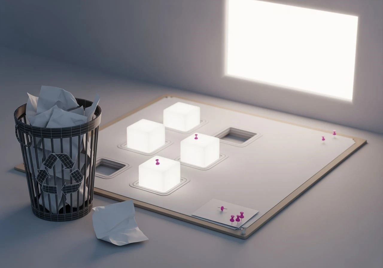 Wire bin of blank crumples next to a mint blueprint board holding sky blocks; clear title space