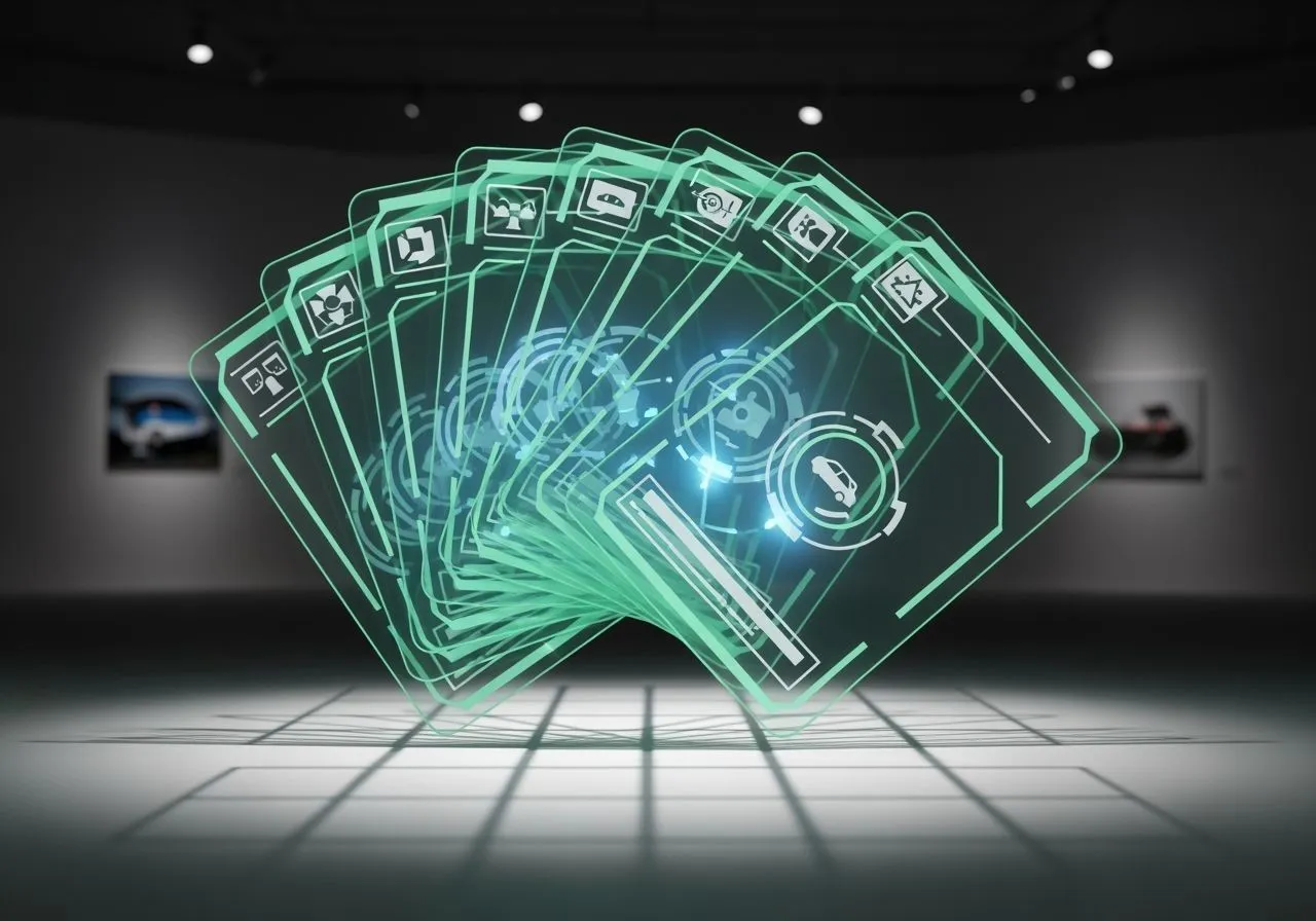 Translucent hologram cards fanned in mid-air with mint edge glow and sky-blue highlights above a soft shadow grid; clean, minimal, photoreal.