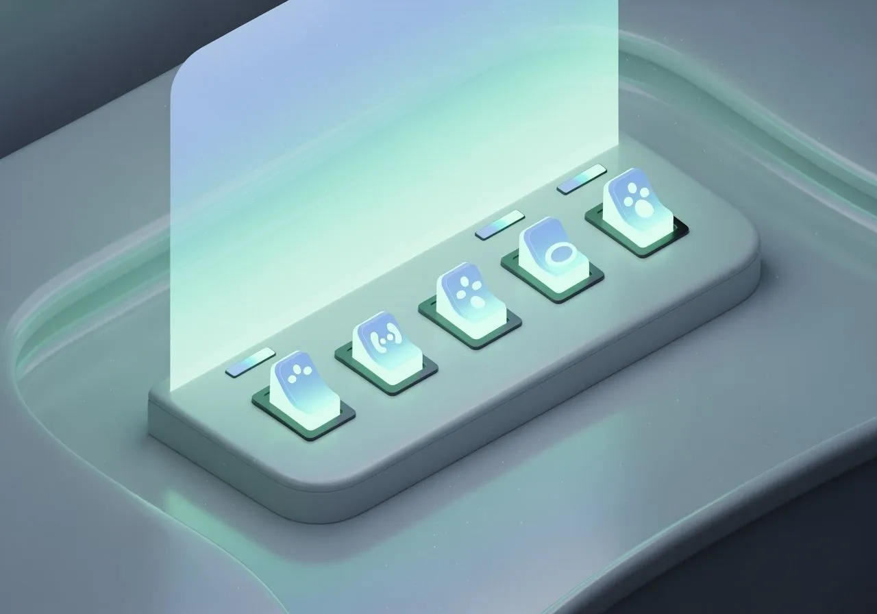 Five glowing toggle switches on a minimalist control panel with mint-to-sky gradient light