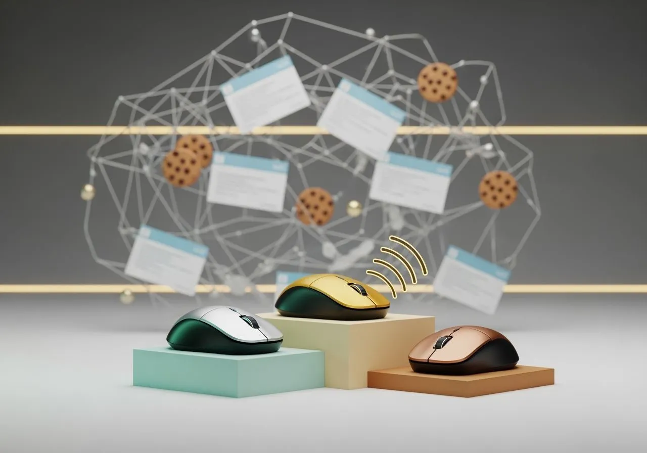 Three award-style computer mice on a podium in front of abstract pop-up shapes, symbolizing the “Rage-Click Olympics