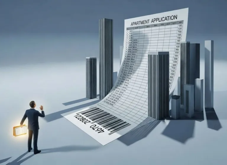 A towering spreadsheet silhouette looms over a renter holding receipts, symbolizing algorithmic leasing decisions.