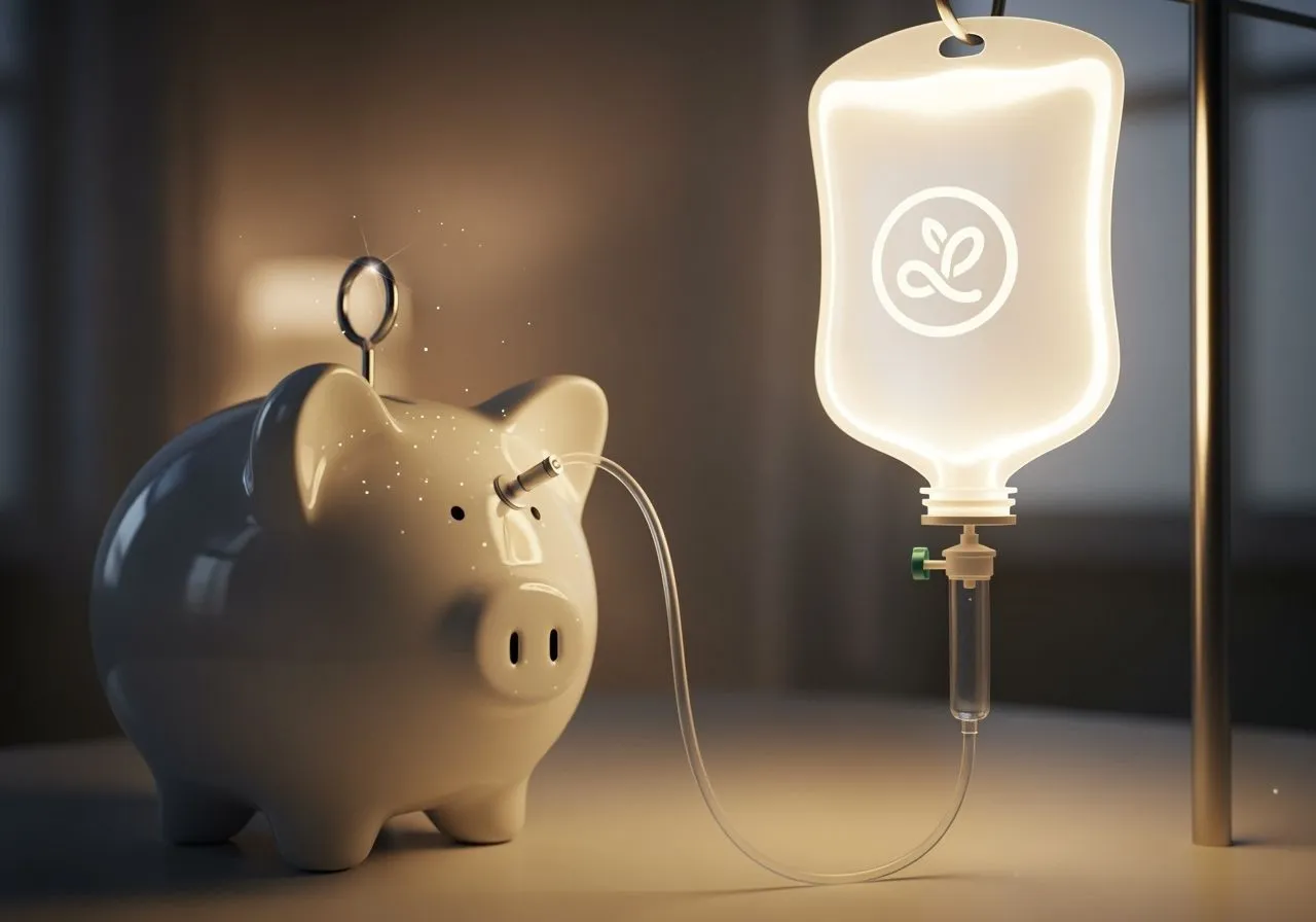 Porcelain piggy bank hooked to a glowing IV bag as coins drip away—a whimsical metaphor for recurring subscription costs.