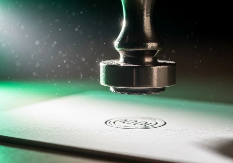 A metal stamp hovers above a blank index card with a faint circular impression and subtle mint light—symbolizing crisp, verifiable definitions.