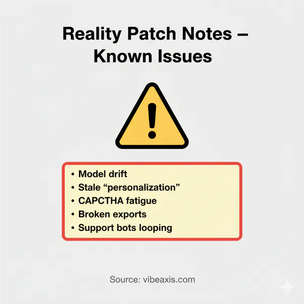 “Infographic titled ‘Known Issues’ listing common failure modes and one-line countermeasures.”