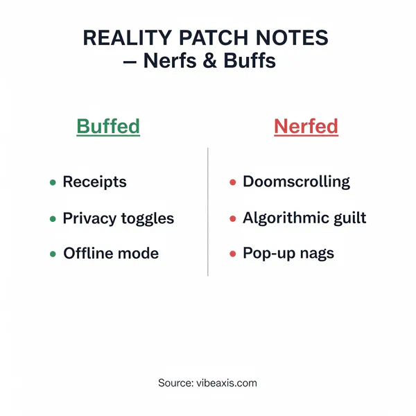 “Infographic contrasting ‘Buffs’ (positive constraints/tools) vs ‘Nerfs’ (limits/blocks) with examples.”